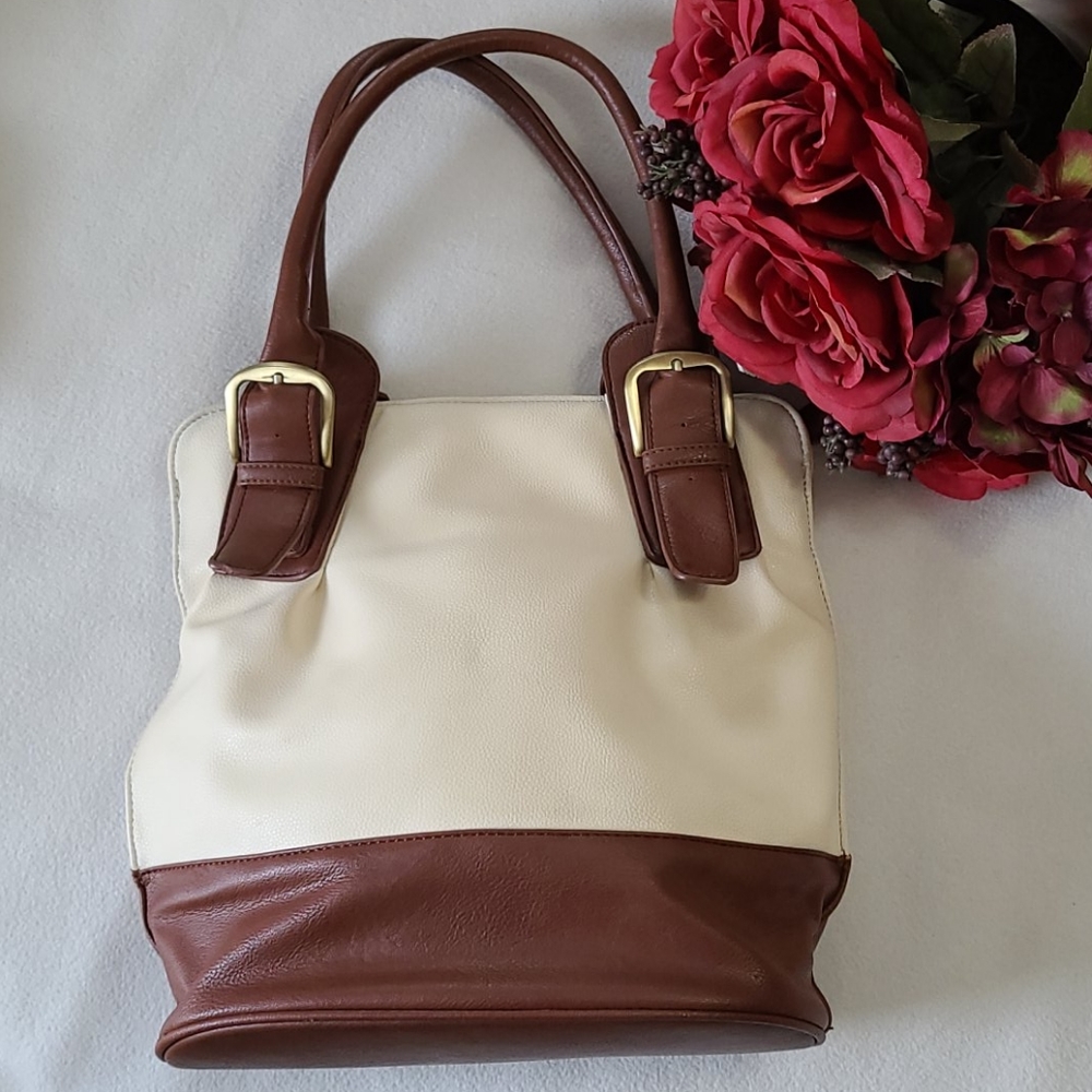 Large Shoulder Bag Tote Color Block Ivory Brown Buckles faux Leather 14.5" x 13